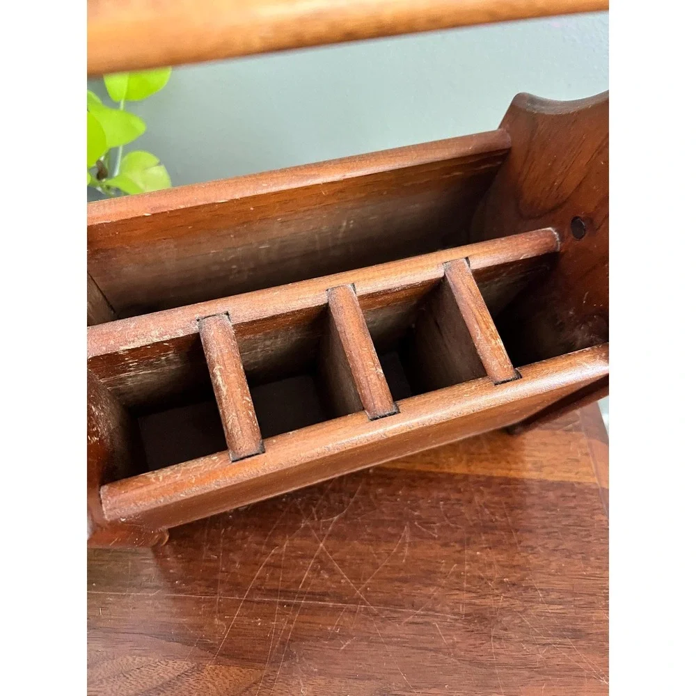 Vintage Teak Desk Organizer Utensil Holder Wooden Caddy